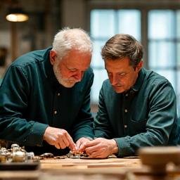 Deux horlogers discutant devant un établi